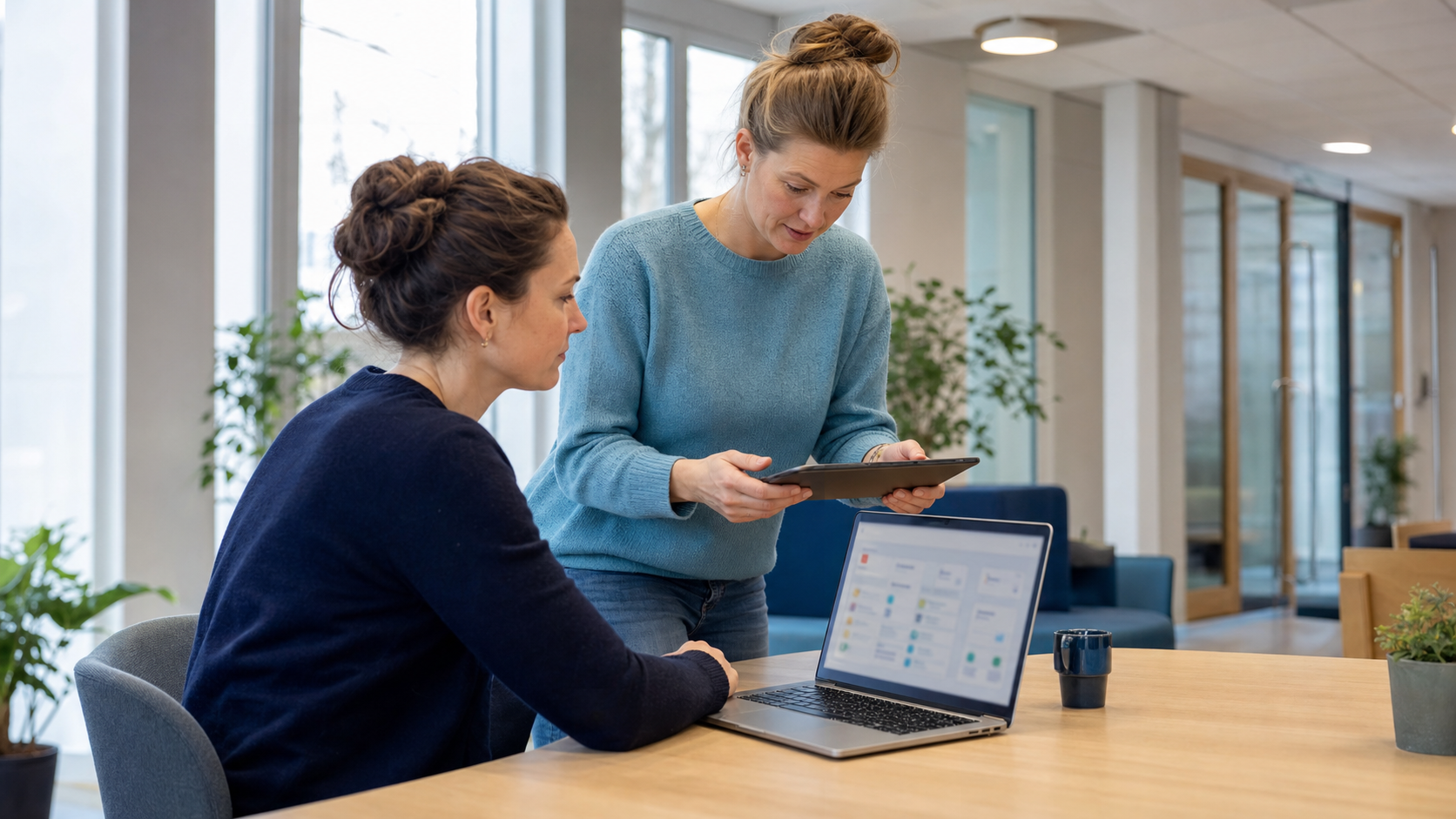 Twee opvangprofessionals bespreken een digitale overdracht op een opvanglocatie